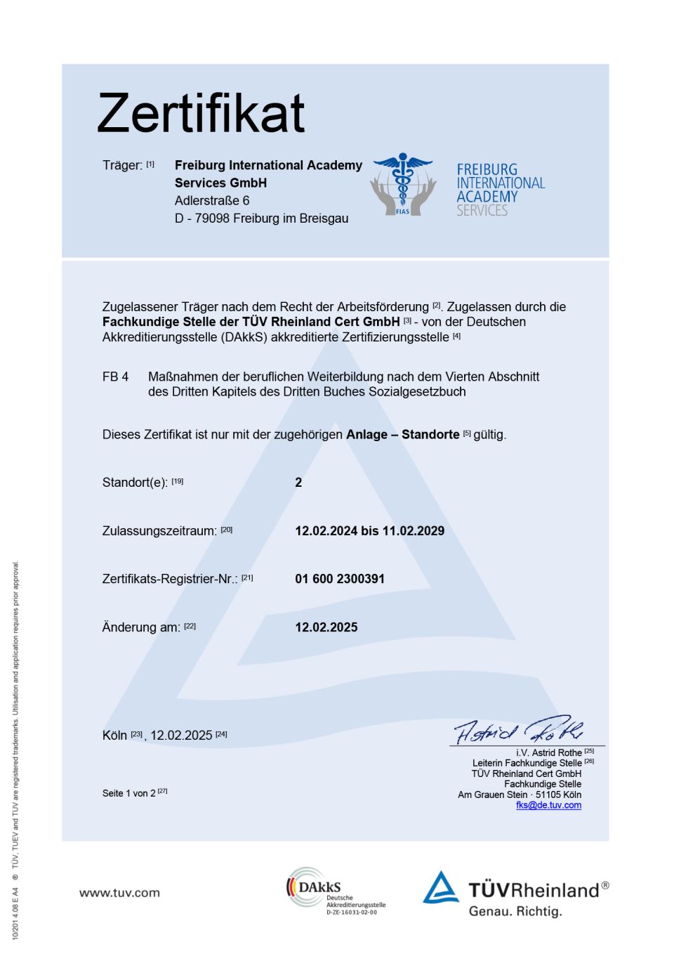 FIAS Träger Zertifikat von TÜV-Rheinland Cert GmbH